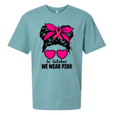 In October We Wear Pink Messy Bun Girls Breast Cancer Sueded Cloud Jersey T-Shirt