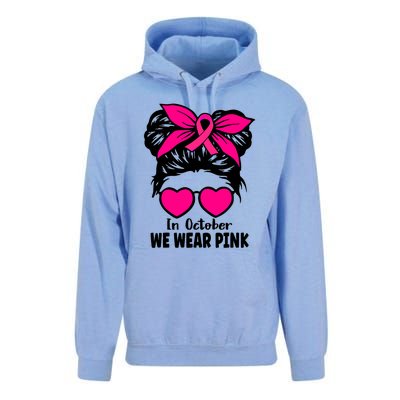 In October We Wear Pink Messy Bun Girls Breast Cancer Unisex Surf Hoodie