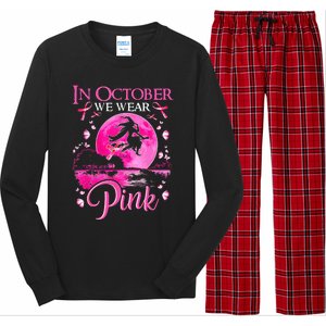 In October We Wear Pink Ribbon Witch Breast Cancer Halloween Long Sleeve Pajama Set