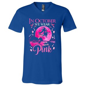 In October We Wear Pink Ribbon Witch Breast Cancer Halloween V-Neck T-Shirt