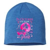 In October We Wear Pink Ribbon Witch Breast Cancer Halloween Sustainable Beanie