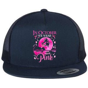 In October We Wear Pink Ribbon Witch Breast Cancer Halloween Flat Bill Trucker Hat