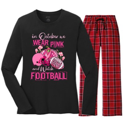 In October We Wear Pink And Watch Football Breast Cancer Awareness Women's Long Sleeve Flannel Pajama Set 