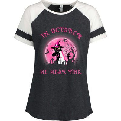 In October We Wear Pink Cat Witch Breast Cancer Halloween Enza Ladies Jersey Colorblock Tee