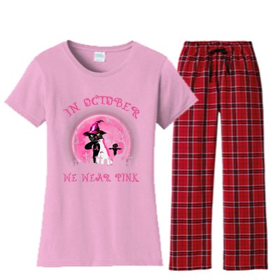 In October We Wear Pink Cat Witch Breast Cancer Halloween Women's Flannel Pajama Set