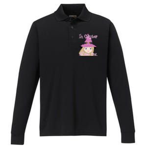 In October We Wear Pink Halloween Witch Breast Cancer Ribbon Performance Long Sleeve Polo