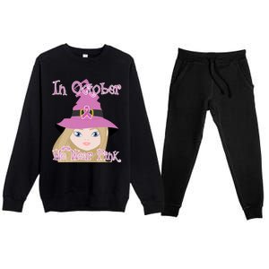 In October We Wear Pink Halloween Witch Breast Cancer Ribbon Premium Crewneck Sweatsuit Set