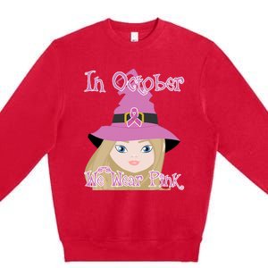 In October We Wear Pink Halloween Witch Breast Cancer Ribbon Premium Crewneck Sweatshirt