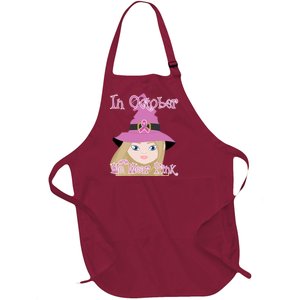 In October We Wear Pink Halloween Witch Breast Cancer Ribbon Full-Length Apron With Pockets