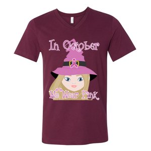 In October We Wear Pink Halloween Witch Breast Cancer Ribbon V-Neck T-Shirt