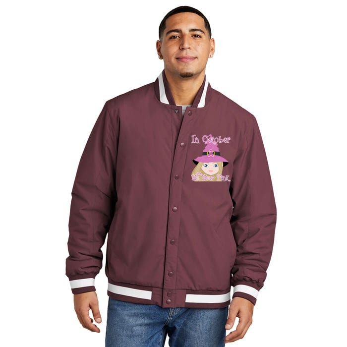 In October We Wear Pink Halloween Witch Breast Cancer Ribbon Insulated Varsity Jacket