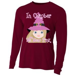 In October We Wear Pink Halloween Witch Breast Cancer Ribbon Cooling Performance Long Sleeve Crew