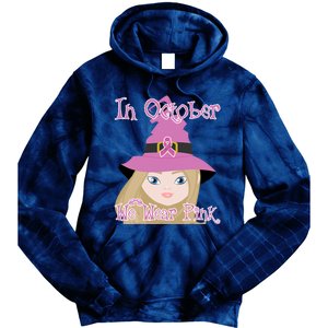 In October We Wear Pink Halloween Witch Breast Cancer Ribbon Tie Dye Hoodie