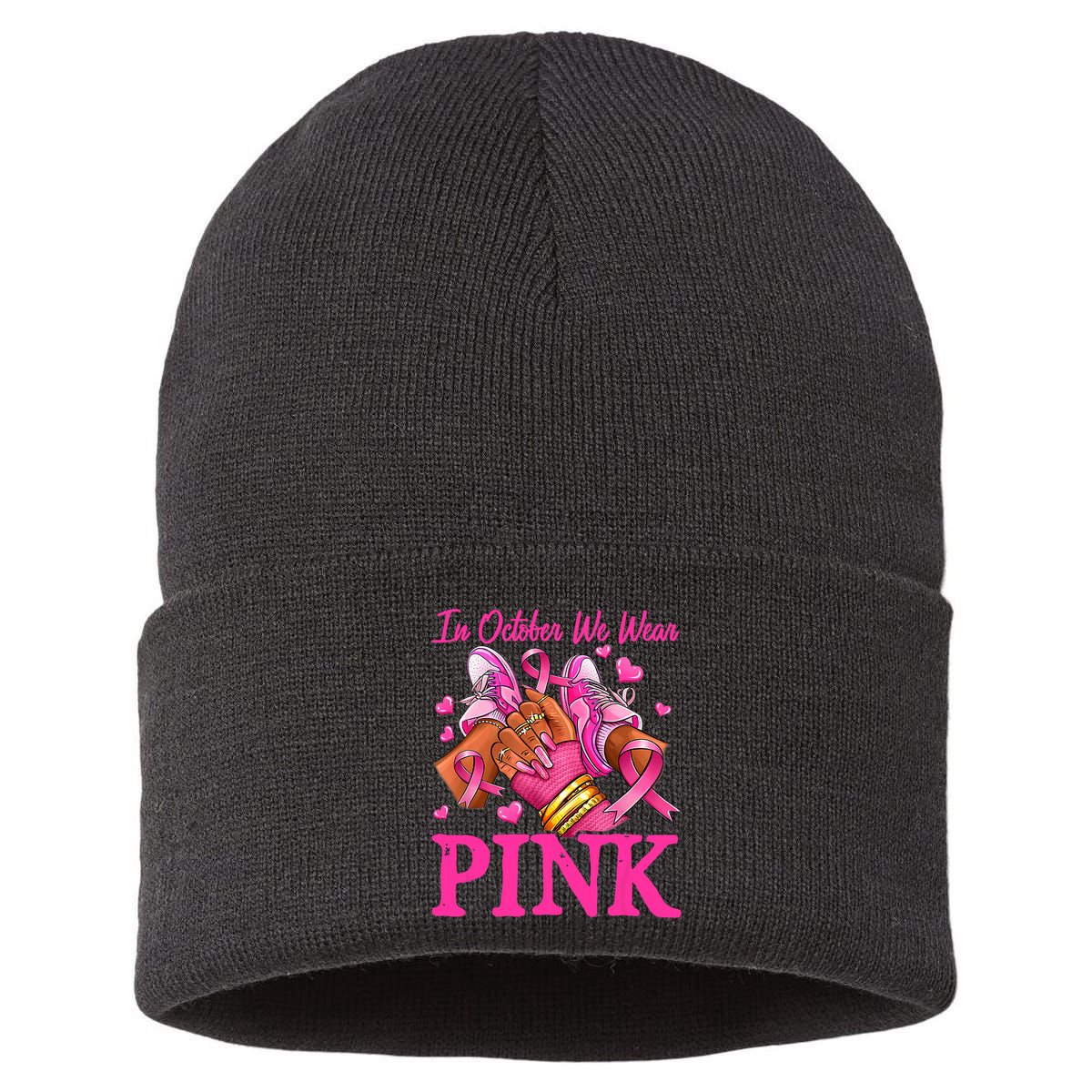 In October We Wear Black Breast Cancer Awareness Sustainable Knit Beanie