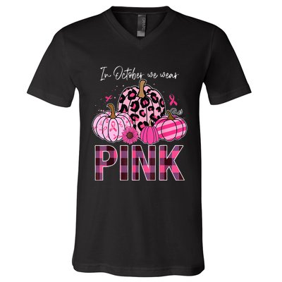 In October We Wear Pink Pumpkin Breast Cancer Awareness V-Neck T-Shirt