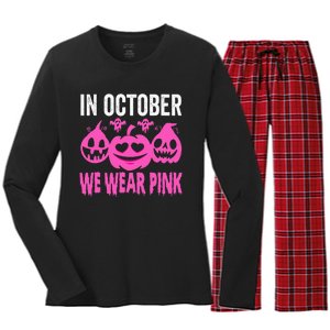 In October We Wear Pink Breast Cancer Pumpkin Halloween Women's Long Sleeve Flannel Pajama Set 