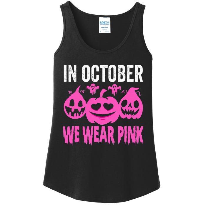 In October We Wear Pink Breast Cancer Pumpkin Halloween Ladies Essential Tank