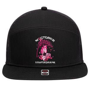 In October We Wear Pink Halloween Witch Breast Cancer 7 Panel Mesh Trucker Snapback Hat