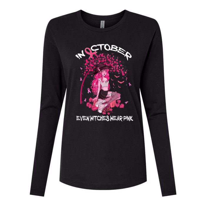 In October We Wear Pink Halloween Witch Breast Cancer Womens Cotton Relaxed Long Sleeve T-Shirt