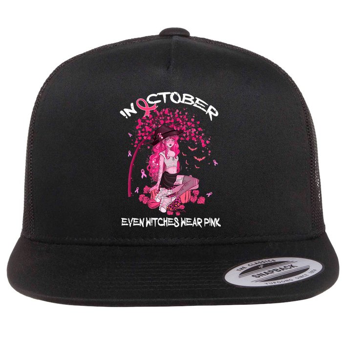 In October We Wear Pink Halloween Witch Breast Cancer Flat Bill Trucker Hat