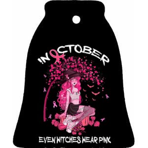 In October We Wear Pink Halloween Witch Breast Cancer Ceramic Bell Ornament