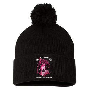 In October We Wear Pink Halloween Witch Breast Cancer Pom Pom 12in Knit Beanie