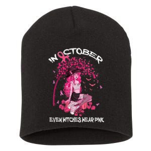 In October We Wear Pink Halloween Witch Breast Cancer Short Acrylic Beanie