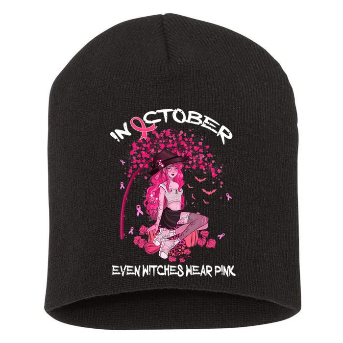 In October We Wear Pink Halloween Witch Breast Cancer Short Acrylic Beanie