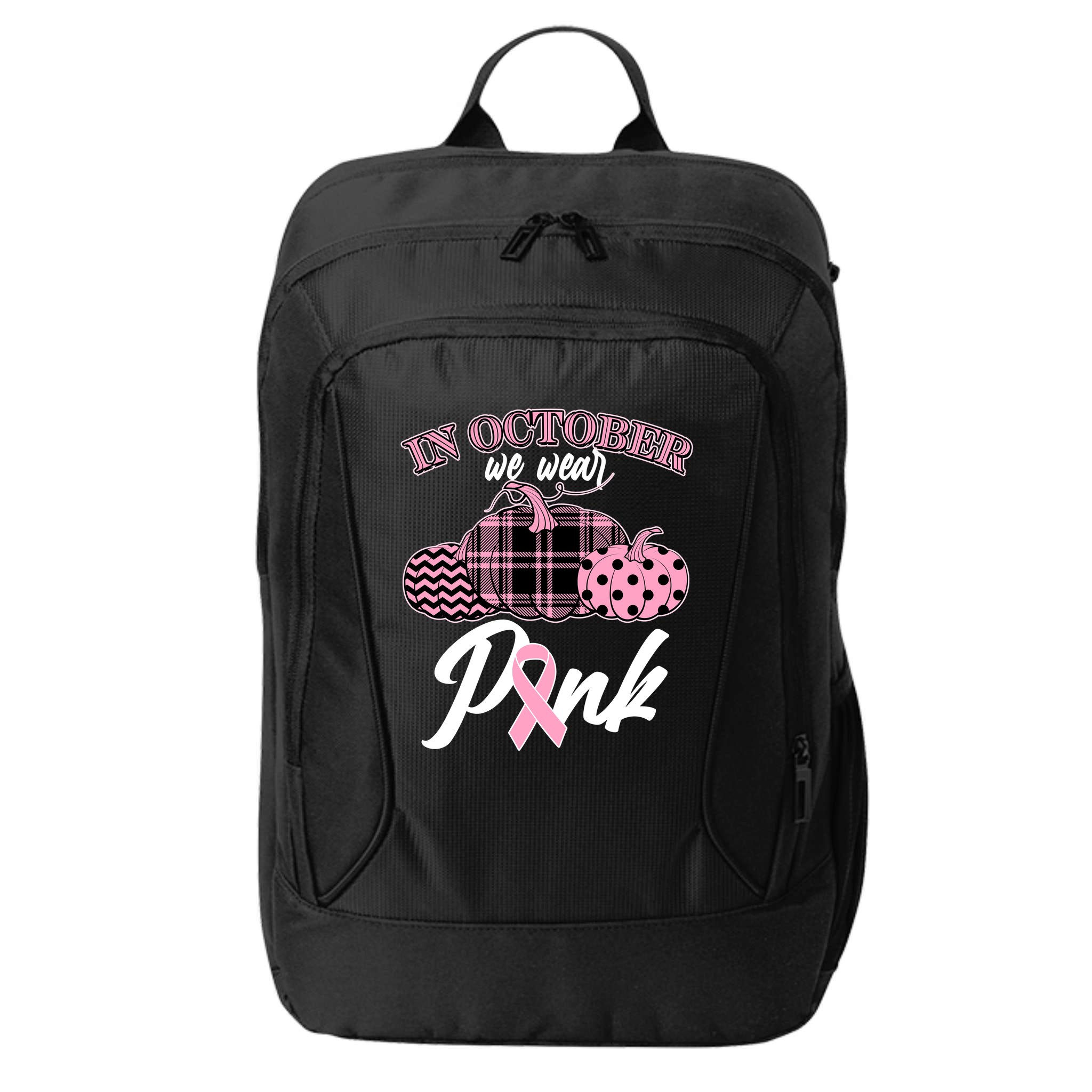 In October We Wear Pink Pattern Pumpkins Breast Cancer Awareness City Backpack