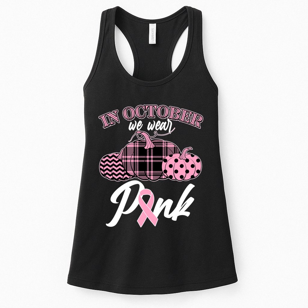 In October We Wear Pink Pattern Pumpkins Breast Cancer Awareness Womens Tank Top