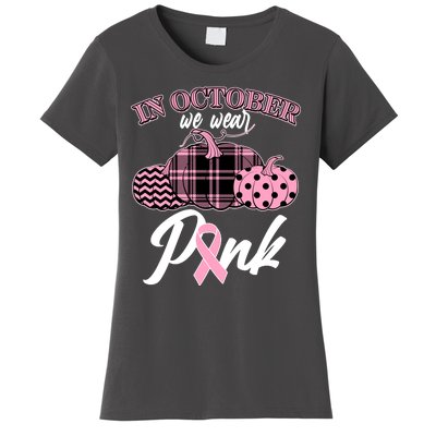 In October We Wear Pink Pattern Pumpkins Breast Cancer Awareness Women's T-Shirt