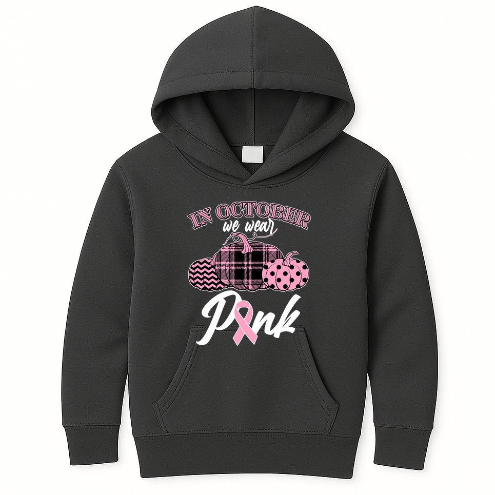 In October We Wear Pink Pattern Pumpkins Breast Cancer Awareness Kids Hoodie