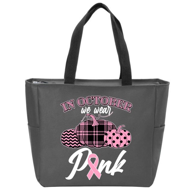 In October We Wear Pink Pattern Pumpkins Breast Cancer Awareness Zip Tote Bag