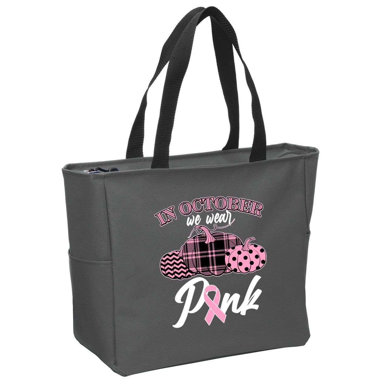 In October We Wear Pink Pattern Pumpkins Breast Cancer Awareness Zip Tote Bag