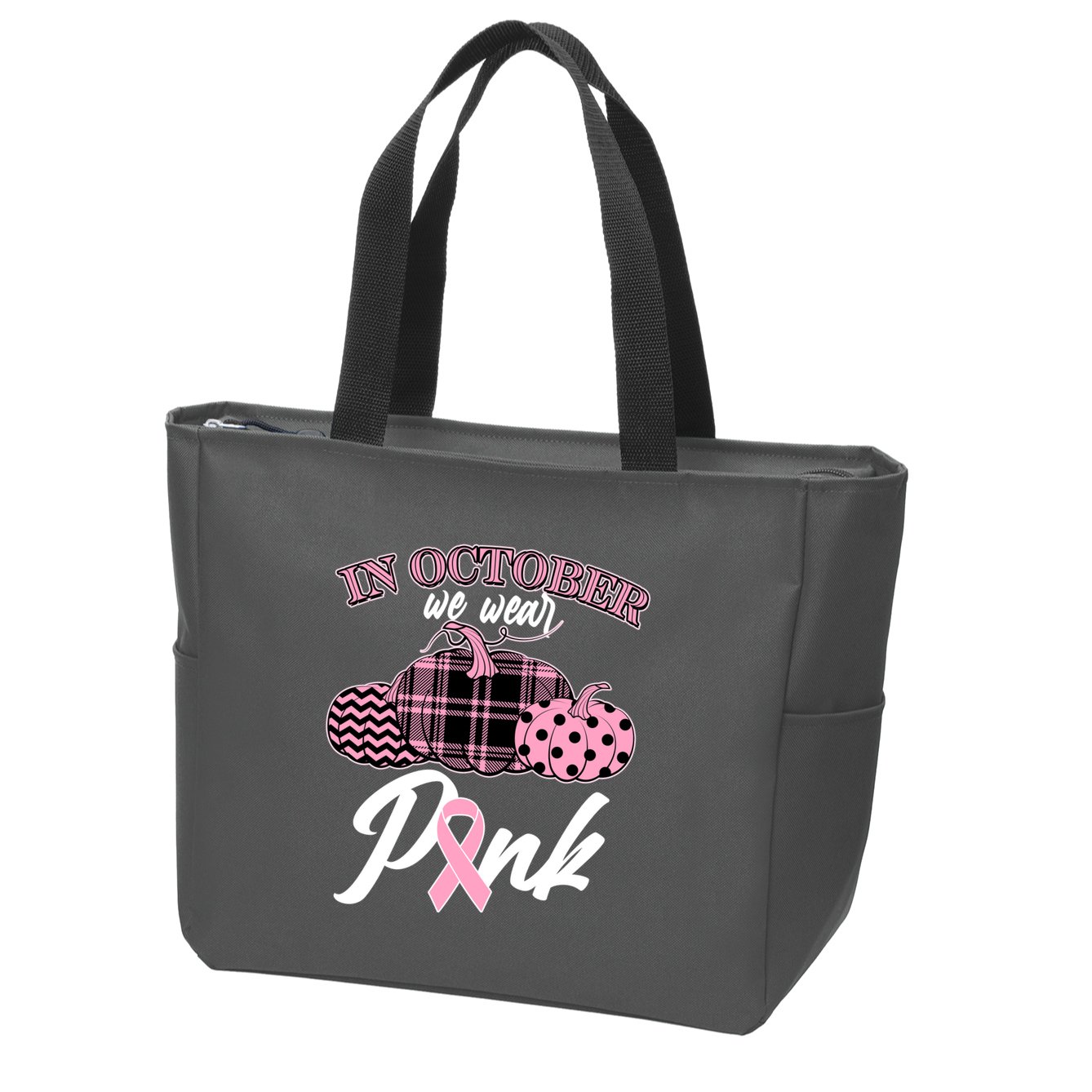 In October We Wear Pink Pattern Pumpkins Breast Cancer Awareness Zip Tote Bag