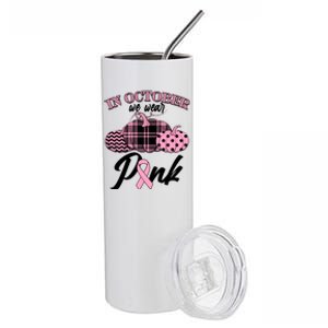 In October We Wear Pink Pattern Pumpkins Breast Cancer Awareness Stainless Steel Tumbler