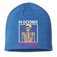 In October We Wear Pink Skeleton Ribbon Breast Cancer Gift Sustainable Beanie