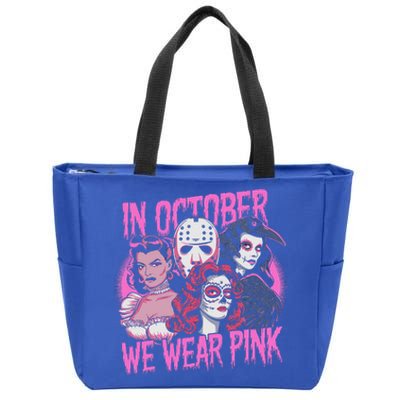 In October We Wear P.I.N.K Horror Breast Cancer Awareness Zip Tote Bag