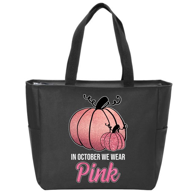 In October We Wear Pink Breast Cancer Pumpkin Zip Tote Bag