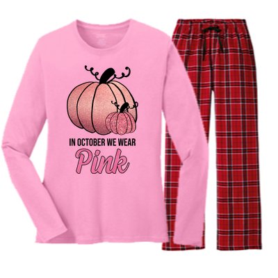 In October We Wear Pink Breast Cancer Pumpkin Women's Long Sleeve Flannel Pajama Set 