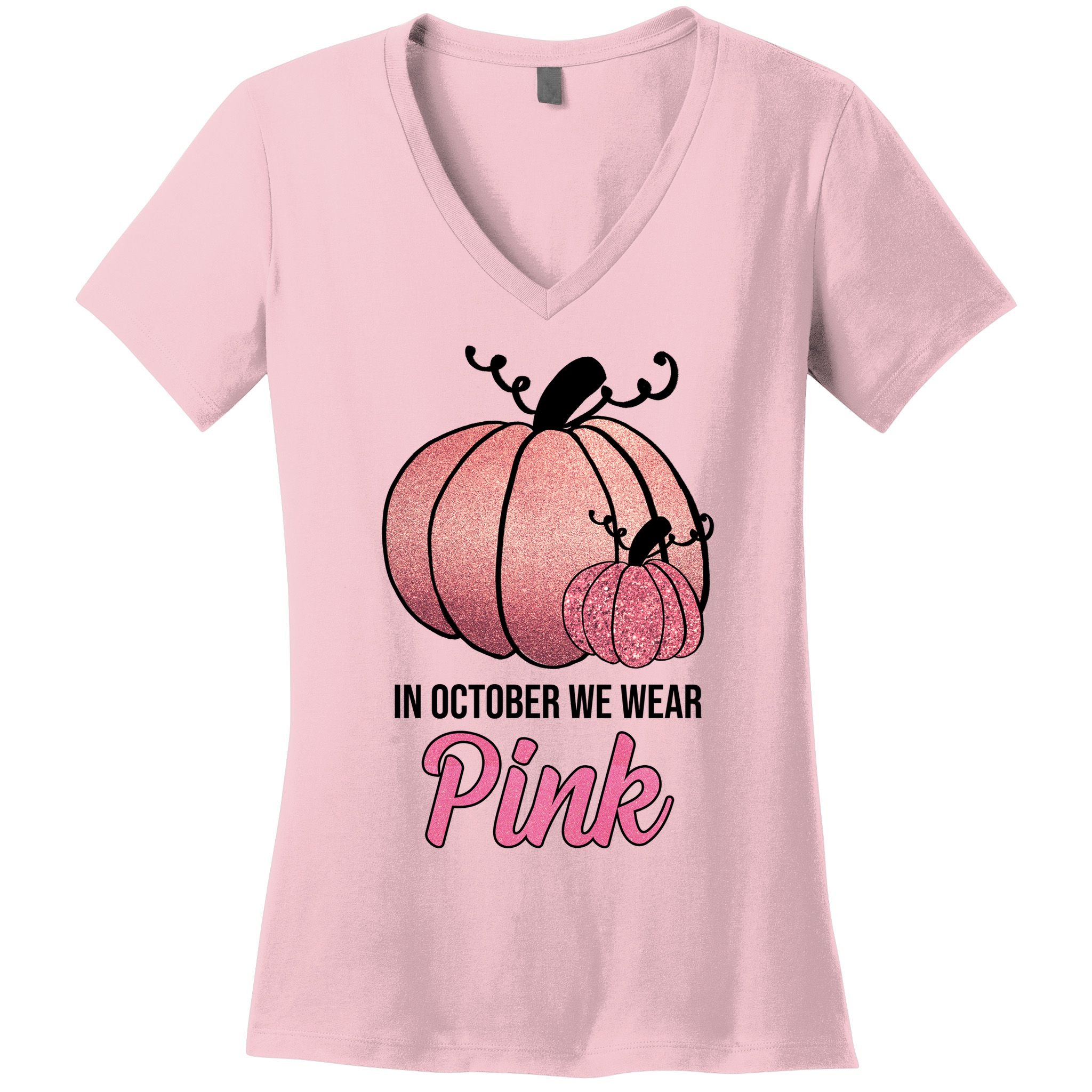 In October We Wear Pink Breast Cancer Pumpkin Women's V-Neck T-Shirt