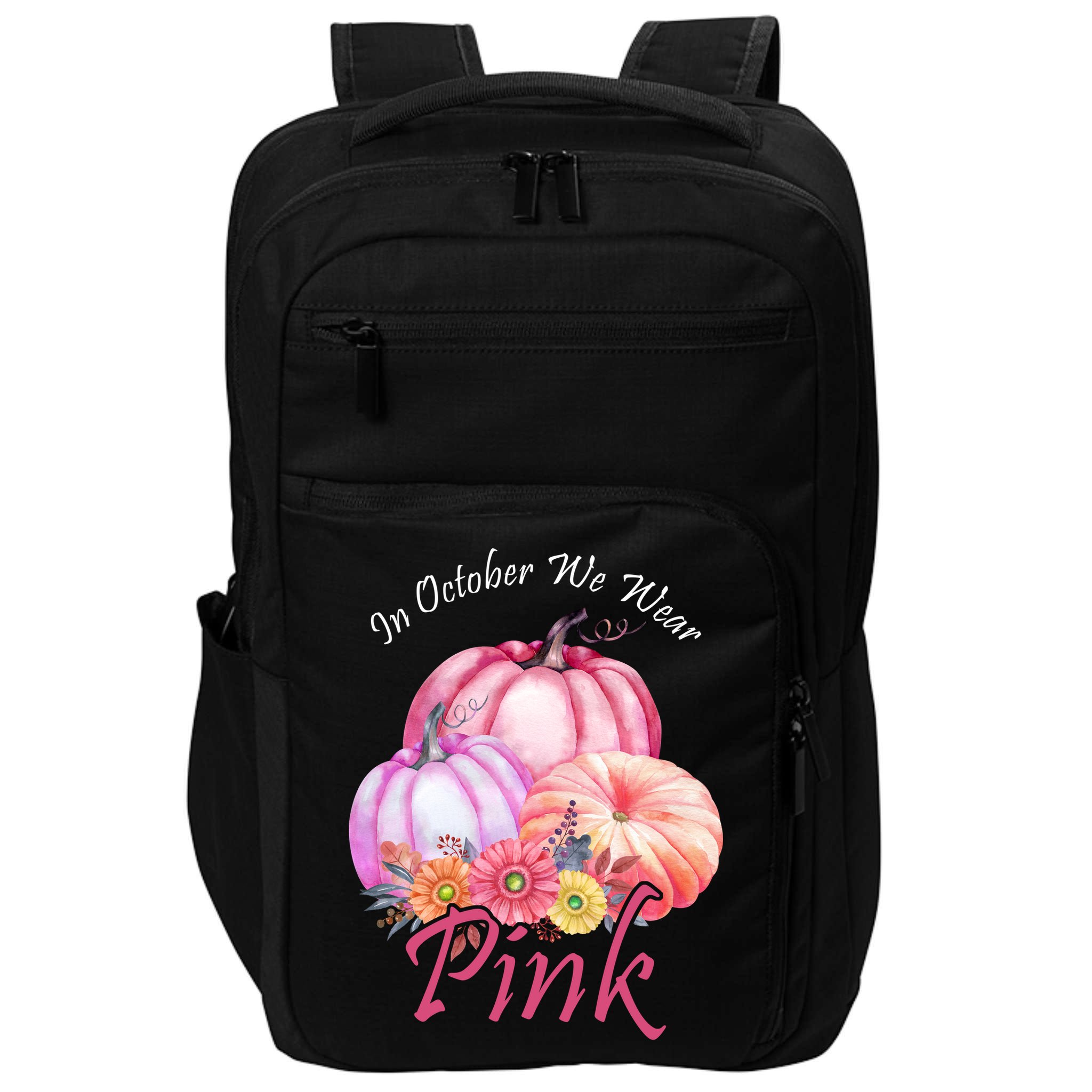 In October We Wear Pink Pumpkin Floral Breast Cancer Impact Tech Backpack