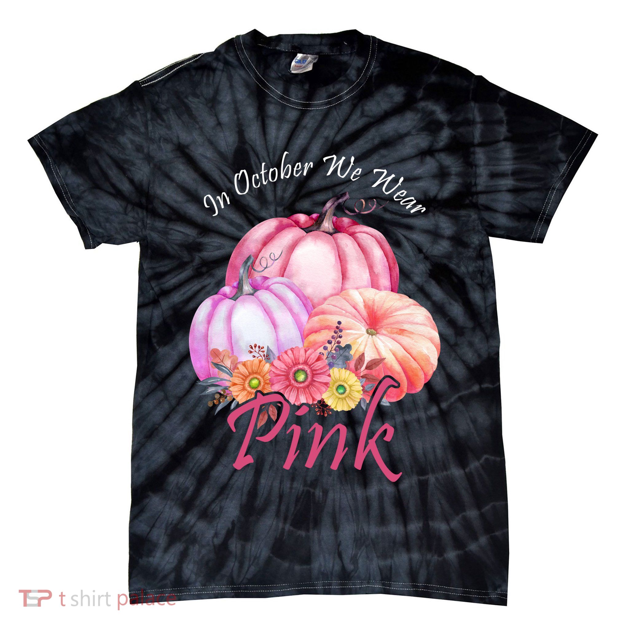 In October We Wear Pink Pumpkin Floral Breast Cancer Tie-Dye T-Shirt