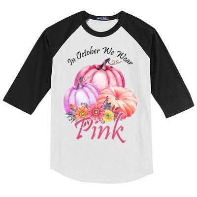 In October We Wear Pink Pumpkin Floral Breast Cancer Kids Colorblock Raglan Jersey