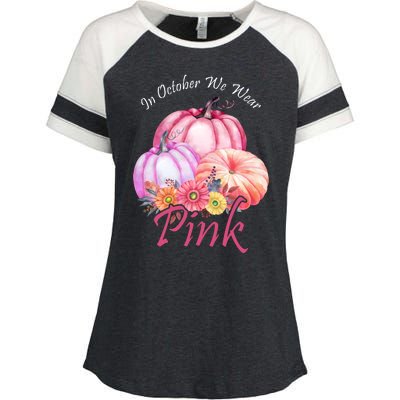 In October We Wear Pink Pumpkin Floral Breast Cancer Enza Ladies Jersey Colorblock Tee