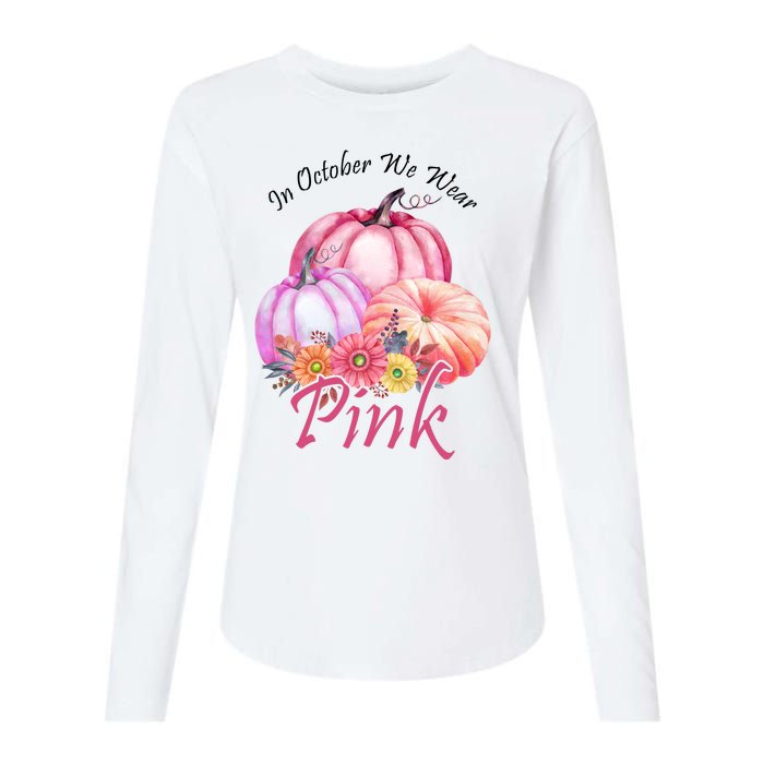 In October We Wear Pink Pumpkin Floral Breast Cancer Womens Cotton Relaxed Long Sleeve T-Shirt