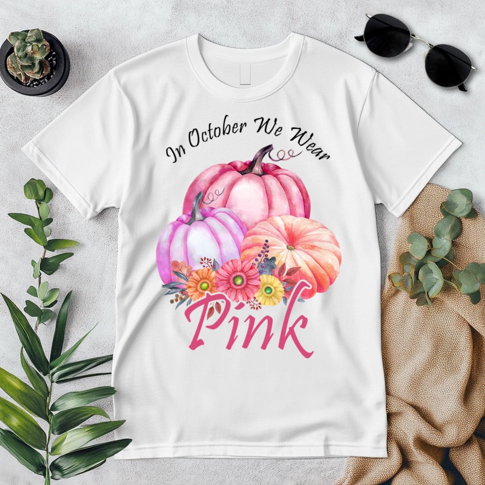 In October We Wear Pink Pumpkin Floral Breast Cancer Premium T-Shirt