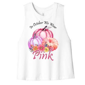 In October We Wear Pink Pumpkin Floral Breast Cancer Women's Racerback Cropped Tank