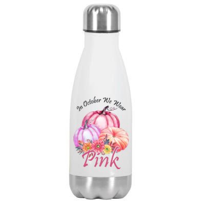 In October We Wear Pink Pumpkin Floral Breast Cancer Stainless Steel Insulated Water Bottle