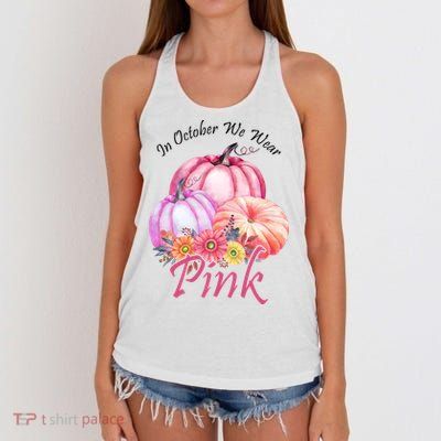In October We Wear Pink Pumpkin Floral Breast Cancer Women's Knotted Racerback Tank